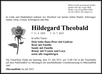 Traueranzeige von Hildegard Theobald von Südthüringer Presse