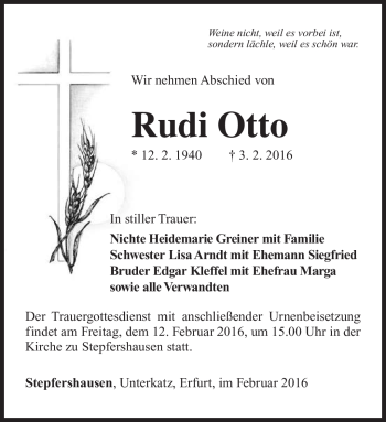 Traueranzeige von Rudi Otto von Südthüringer Presse