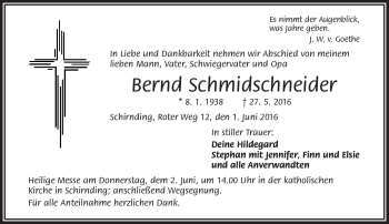 Traueranzeige von Bernd Schmidschneider von Frankenpost