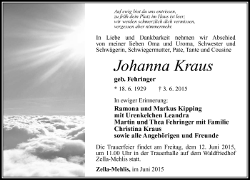 Traueranzeige von Johanna Kraus von Südthüringer Presse