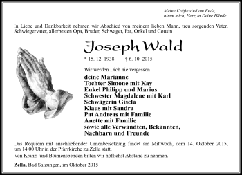 Traueranzeige von Joseph Wald von Südthüringer Presse