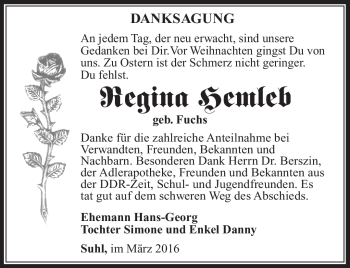 Traueranzeige von Regina Hemleb von Südthüringer Presse