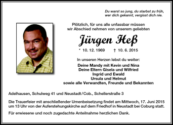 Traueranzeige von Jürgen Heß von Neue Presse Coburg