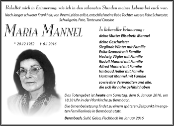 Traueranzeige von Maria Mannel von Südthüringer Presse