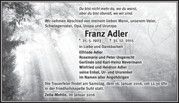 Traueranzeige von Franz Adler von Südthüringer Presse