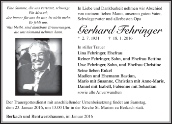 Traueranzeige von Gerhard Fehringer von Südthüringer Presse
