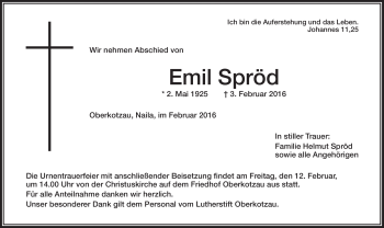 Traueranzeige von Emil Spröd von Frankenpost