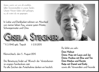Traueranzeige von Gisela Stegner von Neue Presse Coburg