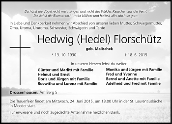 Traueranzeige von Hedwig Florschütz von Neue Presse Coburg