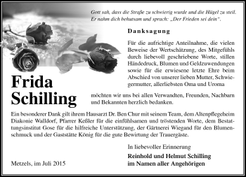 Traueranzeige von Frida Schilling von Südthüringer Presse