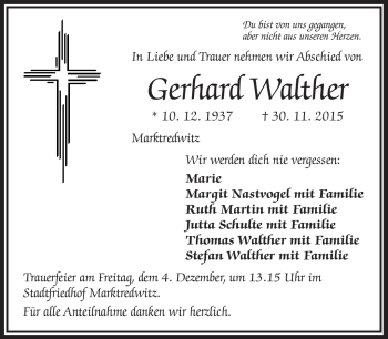 Traueranzeige von Gerhard Walther von Frankenpost