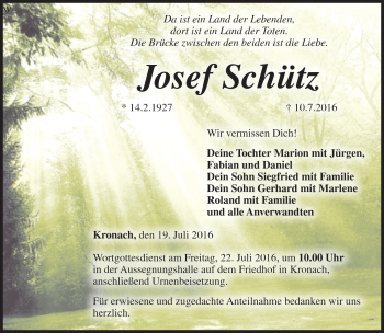 Traueranzeige von Josef Schütz von Neue Presse Coburg