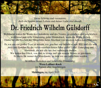 Traueranzeige von Friedrich Gülsdorf von Südthüringer Presse