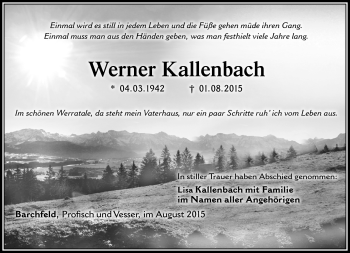 Traueranzeige von Werner Kallenbach von Südthüringer Presse