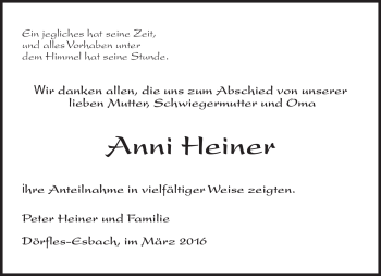 Traueranzeige von Anni Heiner von Neue Presse Coburg