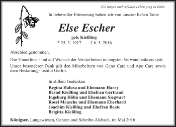 Traueranzeige von Else Escher von Südthüringer Presse