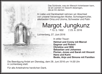 Traueranzeige von Margot Jungkunz von Frankenpost
