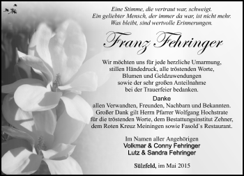 Traueranzeige von Franz Fehringer von Südthüringer Presse