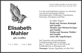 Traueranzeige von Elisabeth Mahler von Südthüringer Presse