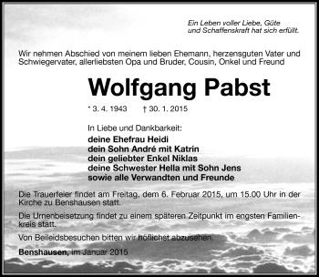 Traueranzeige von Wolfgang Pabst von Südthüringer Presse