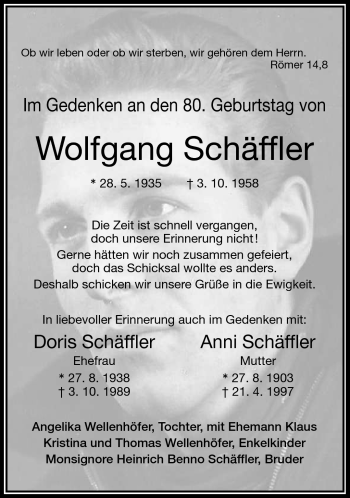 Traueranzeige von Wolfgang Schäffler von Frankenpost