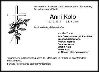 Traueranzeige von Anni Kolb von Frankenpost