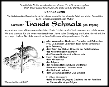 Traueranzeige von Traude Schmalz von Südthüringer Presse