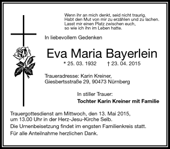 Traueranzeige von Eva Maria Bayerlein von Frankenpost
