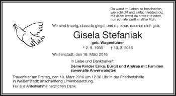 Traueranzeige von Gisela Stefaniak von Frankenpost