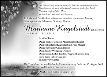 Traueranzeige von Marianne Kugelstadt von Südthüringer Presse