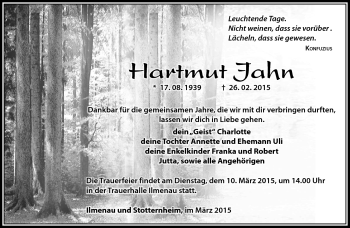 Traueranzeige von Hartmut Jahn von Südthüringer Presse