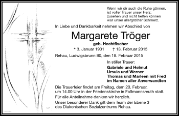 Traueranzeige von Margarete Tröger von Frankenpost