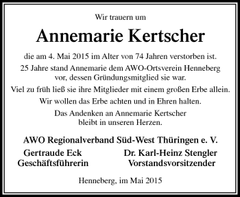 Traueranzeige von Annemarie Kertscher von Südthüringer Presse