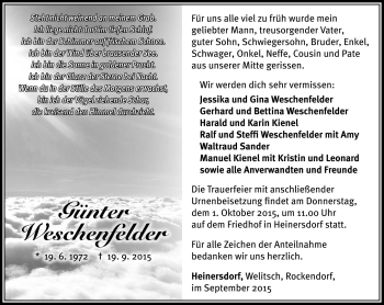 Traueranzeige von Günter Weschenfelder von Südthüringer Presse