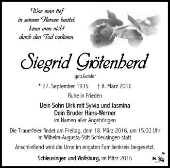 Traueranzeige von Siegrid Grötenherd von Südthüringer Presse