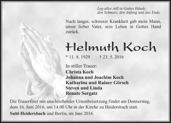 Traueranzeige von Helmuth Koch von Südthüringer Presse