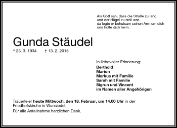 Traueranzeige von Gunda Stäudel von Frankenpost