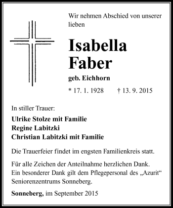 Traueranzeige von Isabella Faber von Südthüringer Presse