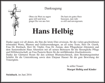 Traueranzeige von Hans Helbig von Südthüringer Presse