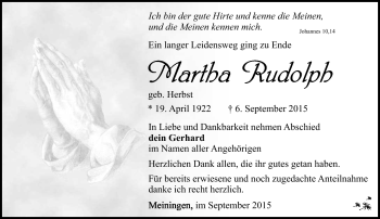 Traueranzeige von Martha Rudolph von Südthüringer Presse