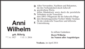 Traueranzeige von Anni Wilhelm von Südthüringer Presse