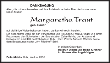 Traueranzeige von Margaretha Traut von Südthüringer Presse