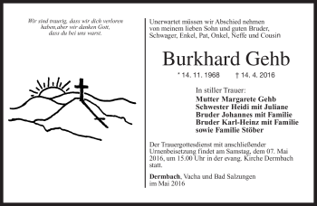 Traueranzeige von BUrkhard Gehb von Südthüringer Presse