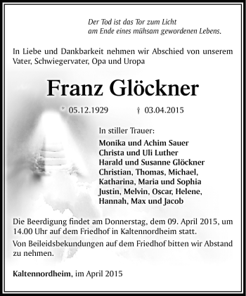 Traueranzeige von Franz Glöckner von Südthüringer Presse