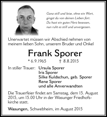 Traueranzeige von Frank Sporer von Südthüringer Presse