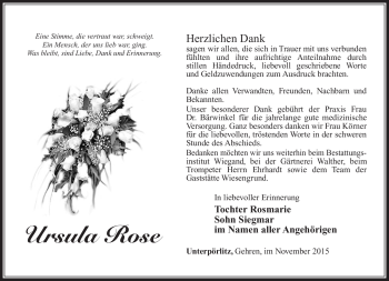 Traueranzeige von Ursula Rose von Südthüringer Presse