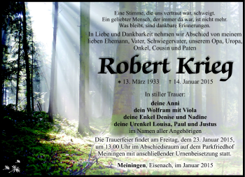 Traueranzeige von Robert Krieg von Südthüringer Presse