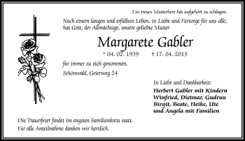 Traueranzeige von Margarete Gabler von Frankenpost
