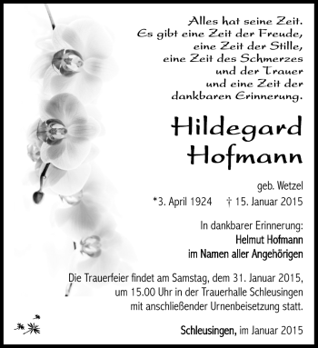 Traueranzeige von hildegard Hofmann von Südthüringer Presse