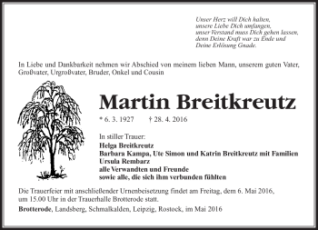 Traueranzeige von Martin Breitkreutz von Südthüringer Presse